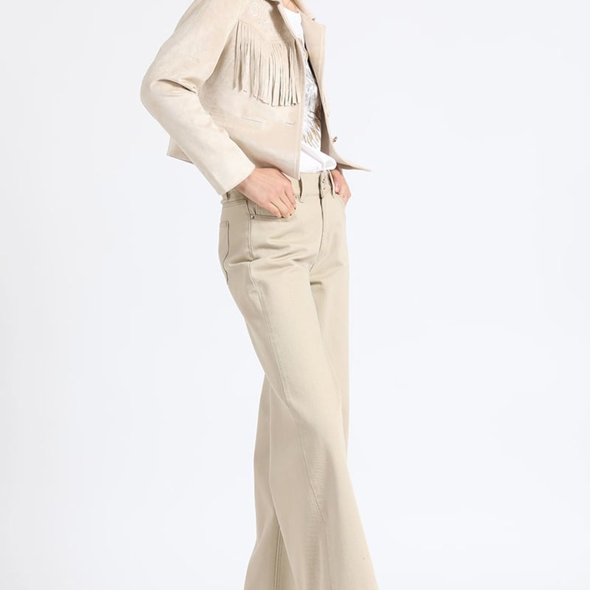 LIOLA - Chaqueta Cropped Efecto Gamuza, Flecos, Beige Liola