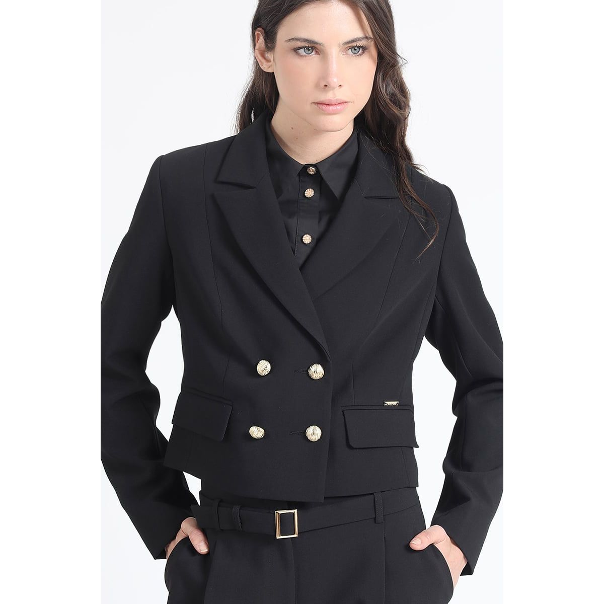 LIOLA - Chaqueta Crop Cruzada,Negro Liola
