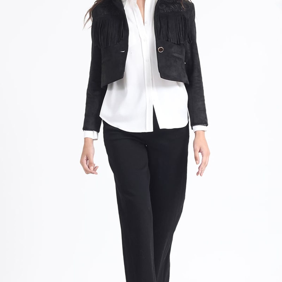 LIOLA - Chaqueta Cropped Efecto Gamuza, Flecos, Negro Liola