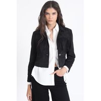 Chaqueta Cropped Efecto Gamuza, Flecos, Negro