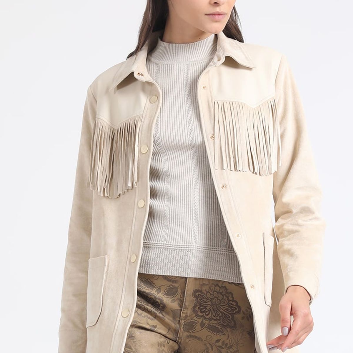 LIOLA - Chaqueta Larga Flecos Efecto Gamuza, Beige Liola
