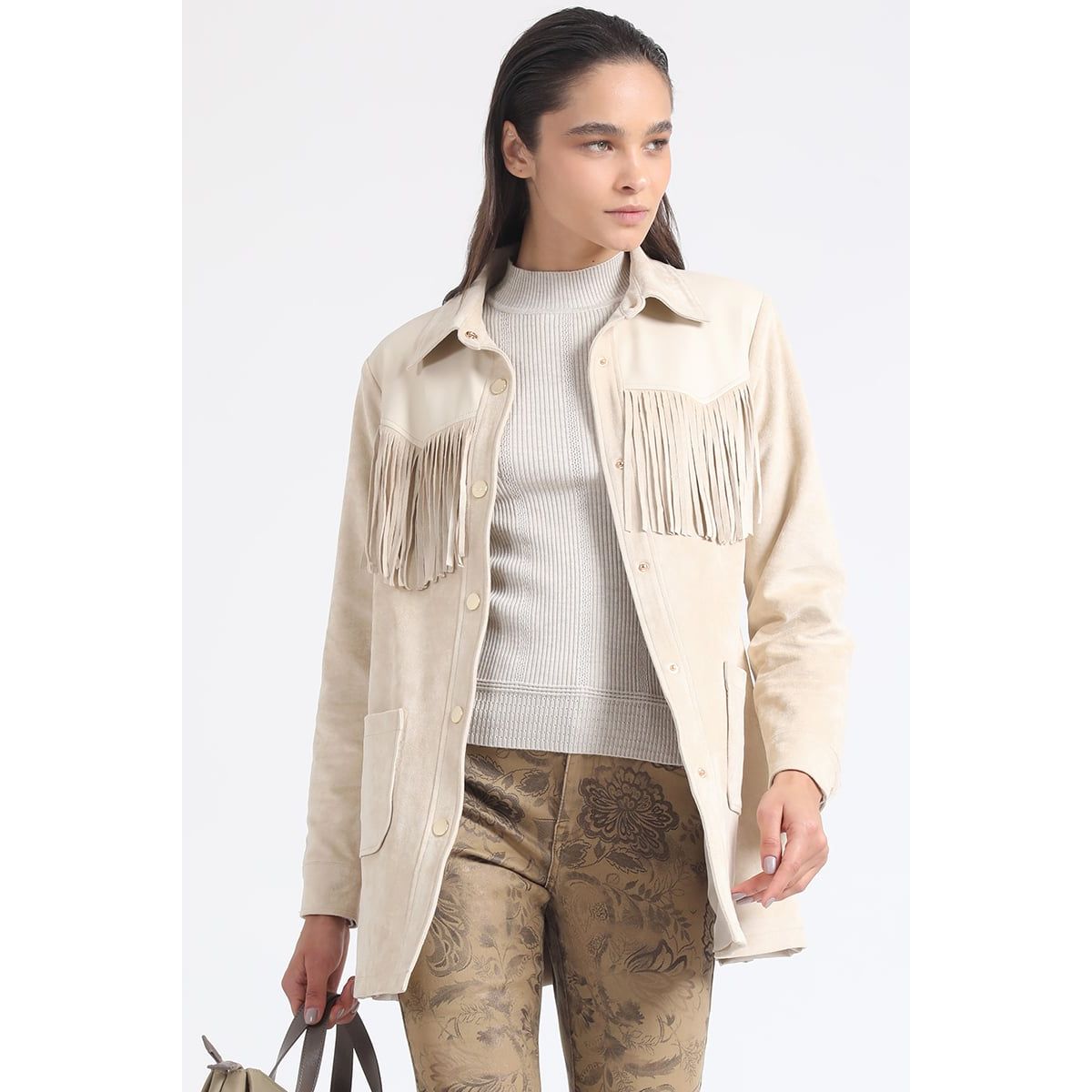 LIOLA - Chaqueta Larga Flecos Efecto Gamuza, Beige Liola