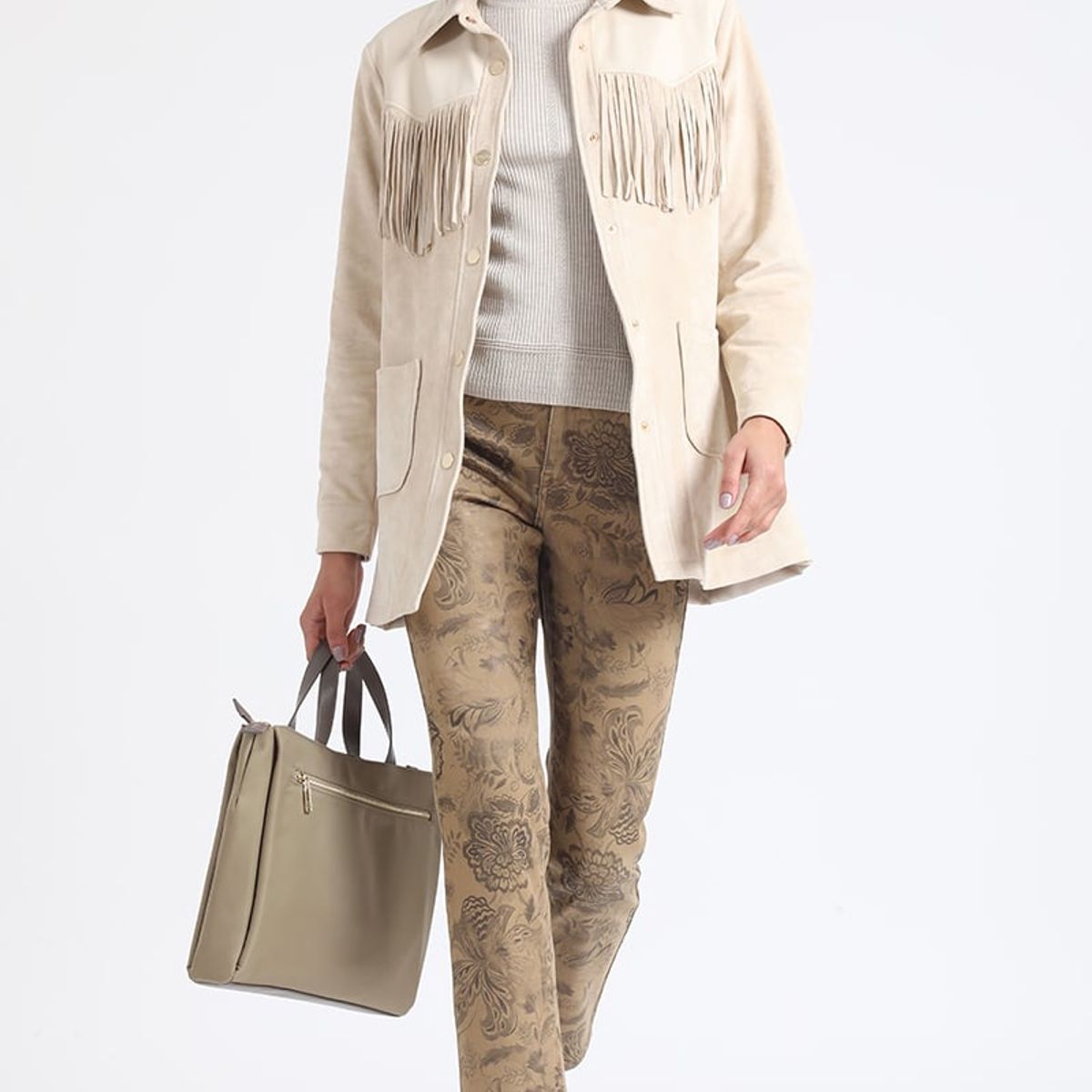 LIOLA - Chaqueta Larga Flecos Efecto Gamuza, Beige Liola