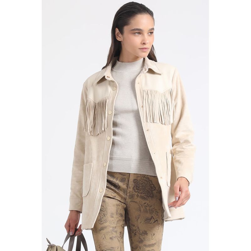 LIOLA - Chaqueta Larga Flecos Efecto Gamuza Beige Liola