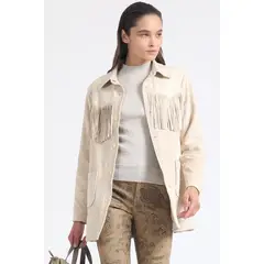 LIOLA - Chaqueta Larga Flecos Efecto Gamuza Beige