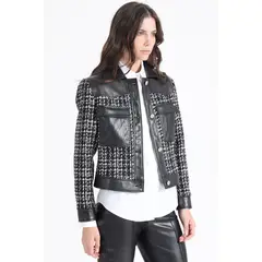 LIOLA - Chaqueta Efecto Cuero Y Tweed Negro