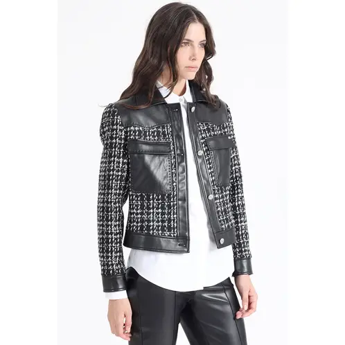 LIOLA - Chaqueta Efecto Cuero Y Tweed, Negro