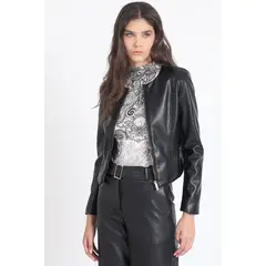 LIOLA - Chaqueta Corta Efecto Cuero Mix Negro
