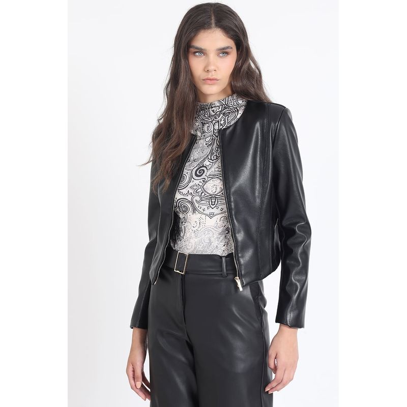 LIOLA - Chaqueta Corta Efecto Cuero Mix Negro Liola