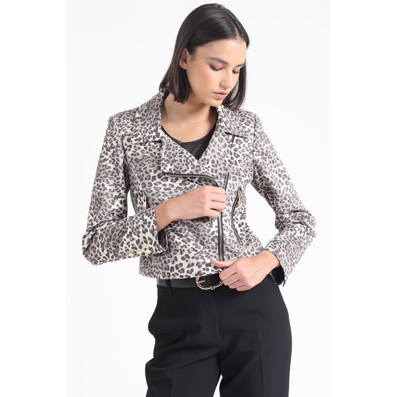 LIOLA - Chaqueta Biker, Efecto Gamuza, Estampado Leopardo Liola