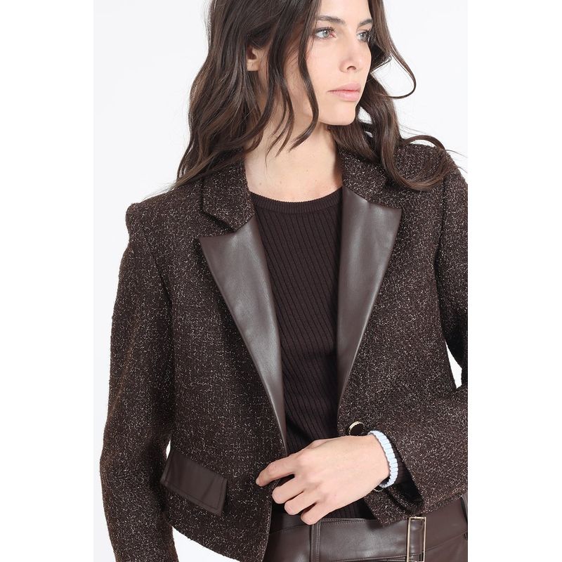 LIOLA - Blazer Crop Tweed Fantasia Con Aplicación Cuero Café Liola