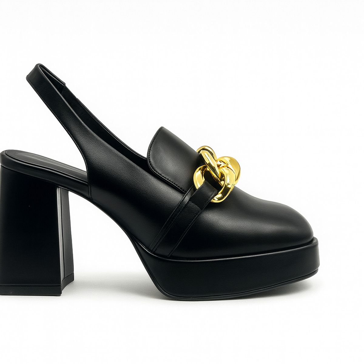 BOVINITA - Tacos Mujer Plataforma Negro Taco Ancho Cadena Dorada