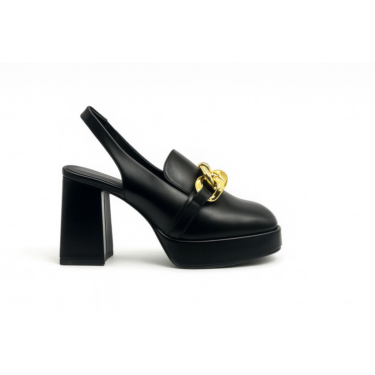 BOVINITA - Tacos Mujer Plataforma Negro Taco Ancho Cadena Dorada