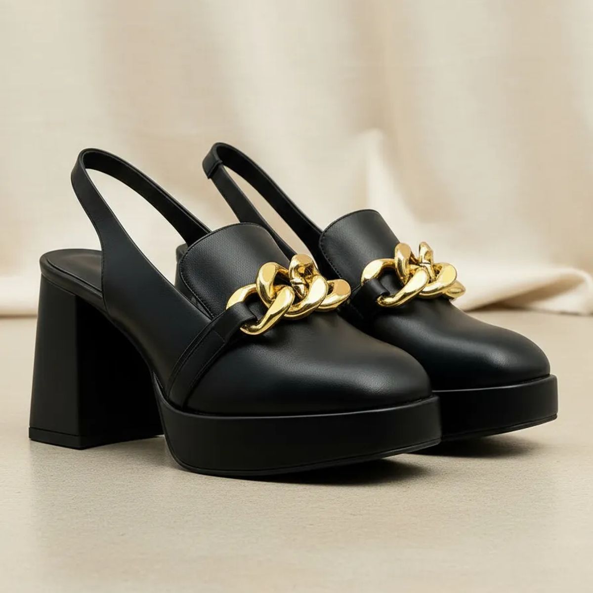BOVINITA - Tacos Mujer Plataforma Negro Taco Ancho Cadena Dorada