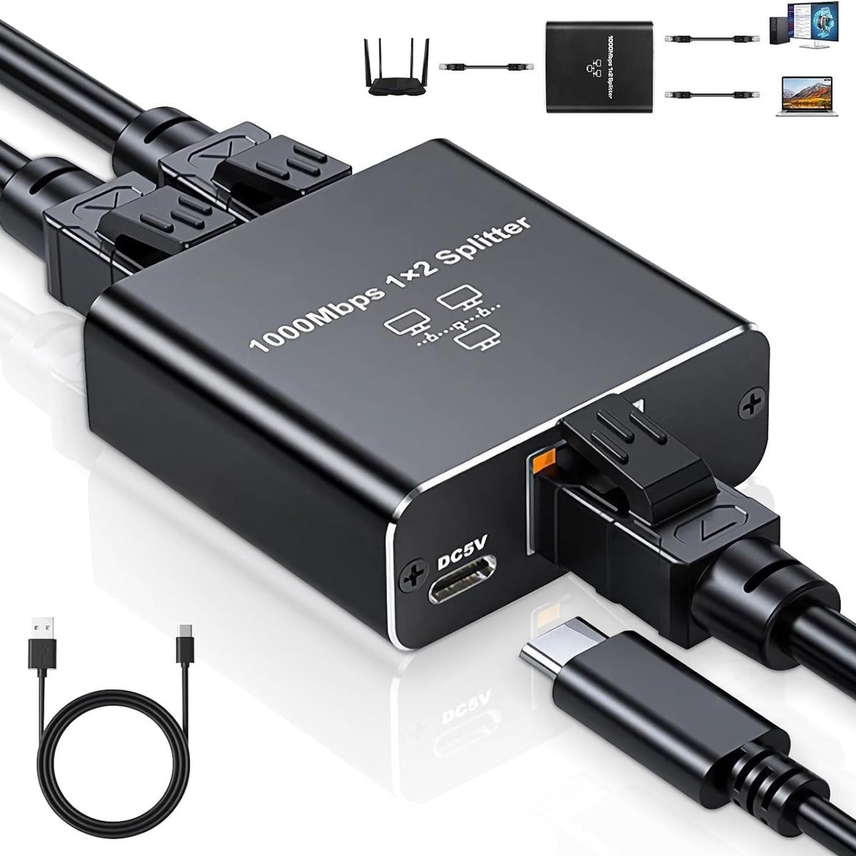 KUANGYE - Adaptador Splitter Red Rj45 Lan Ethernet 1gbps + Cable Carga