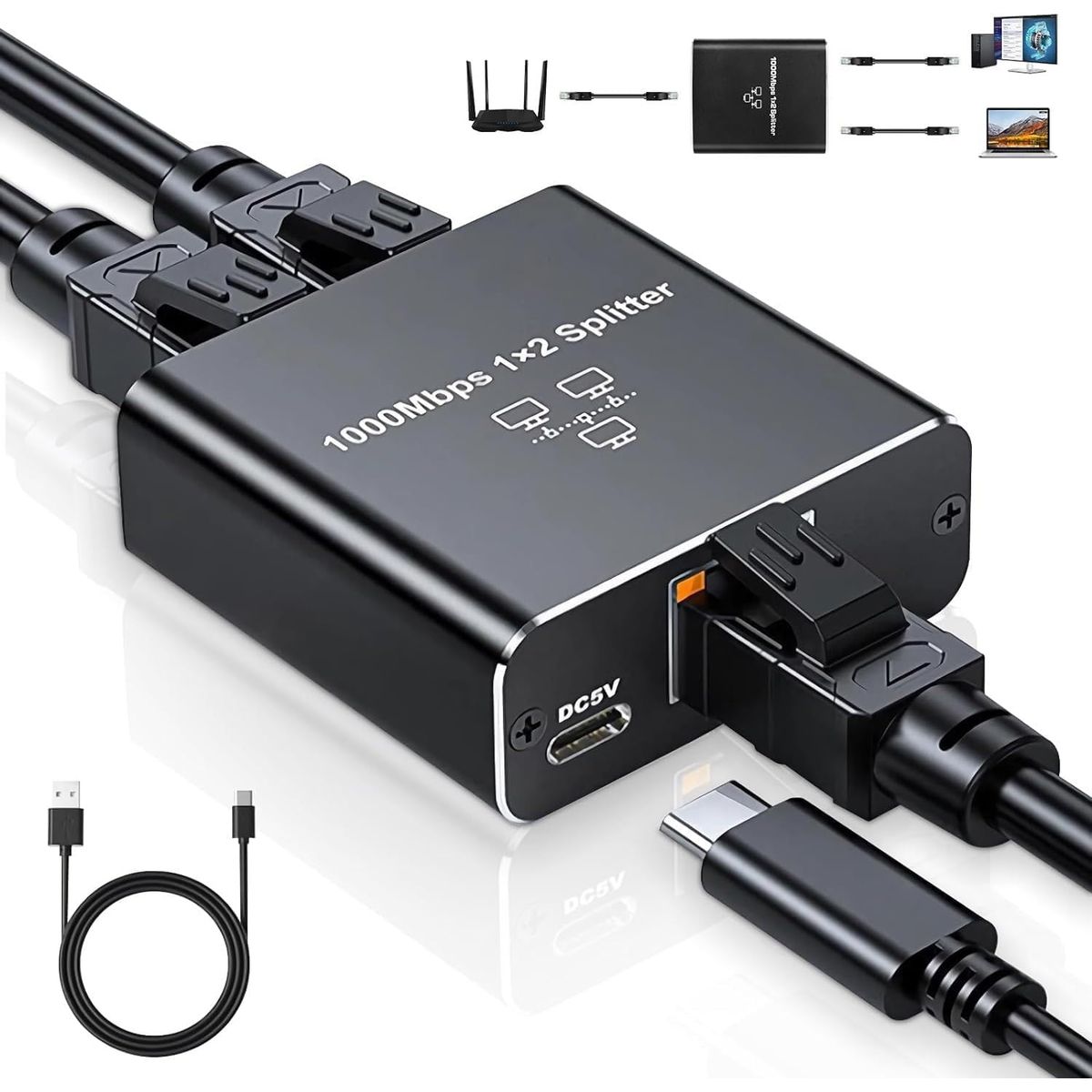 KUANGYE - Adaptador Splitter Red Rj45 Lan Ethernet 1gbps + Cable Carga
