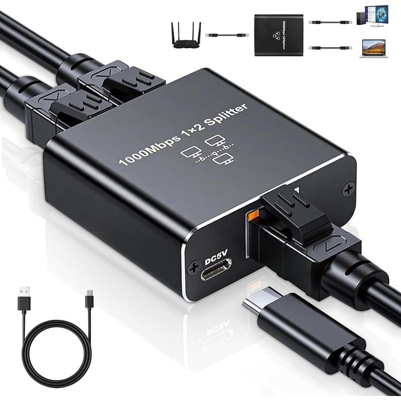 KUANGYE - Adaptador Splitter Red Rj45 Lan Ethernet 1gbps + Cable Carga