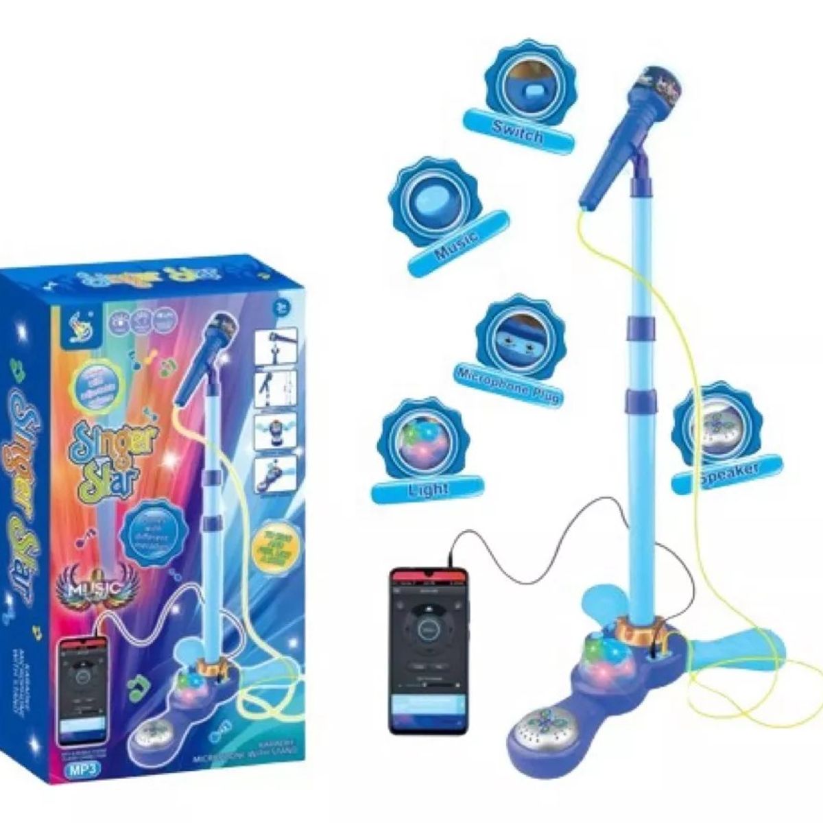 GENERICO - Micrófono Pedestal Juguete Mp3 Con Luces Infantil Azul