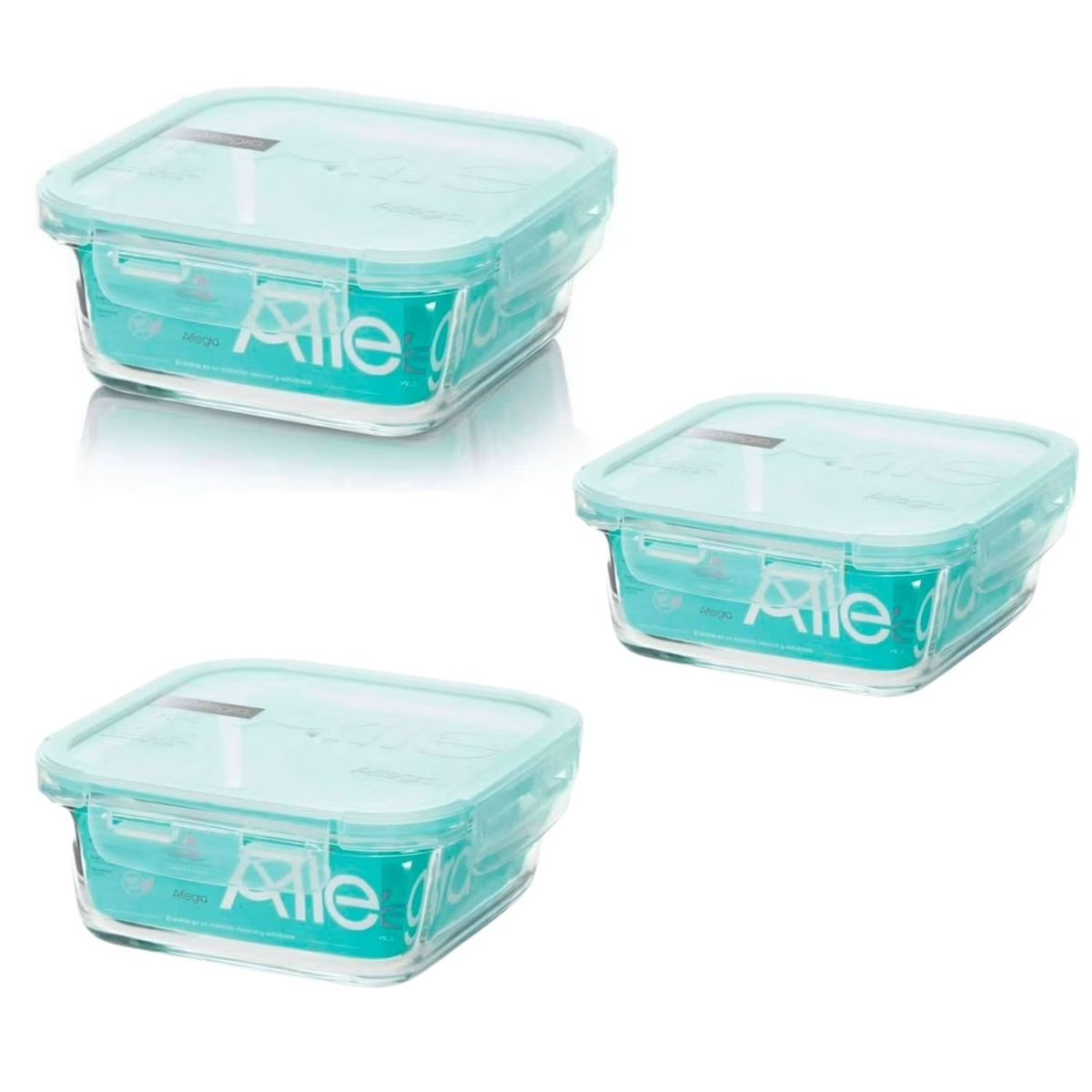 ALLEGRA - Pack 3 Contenedores Hermetico Vidrio Cuadrado 380mL Allegra