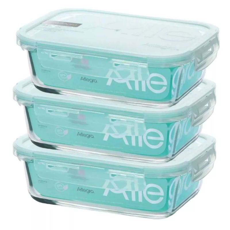 ALLEGRA - Pack 3 Contenedores Hermetico Vidrio Rectangular 600mL Allegra