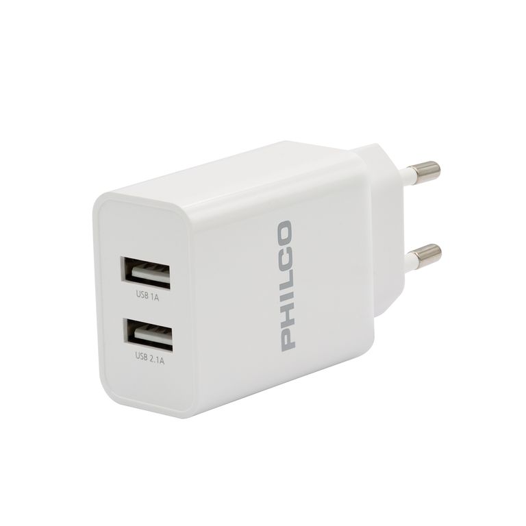 CARG. DE PARED 2.1 A DOBLE USB C/CABLE IPHONE R1090 BLANCO