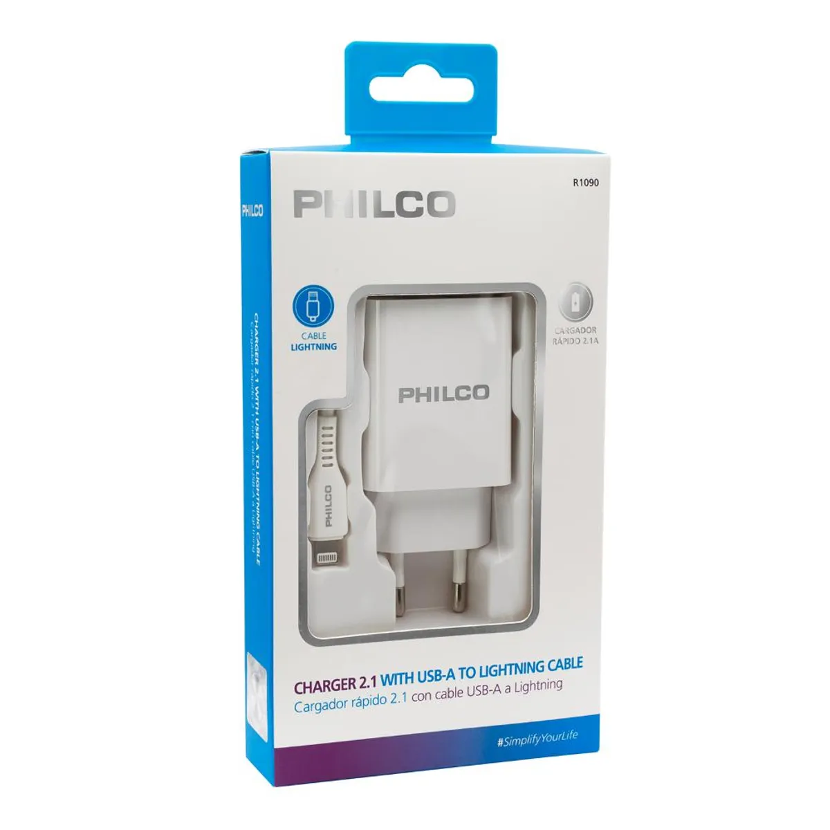 PHILCO - CARG. DE PARED 2.1 A DOBLE USB C/CABLE IPHONE R1090 BLANCO