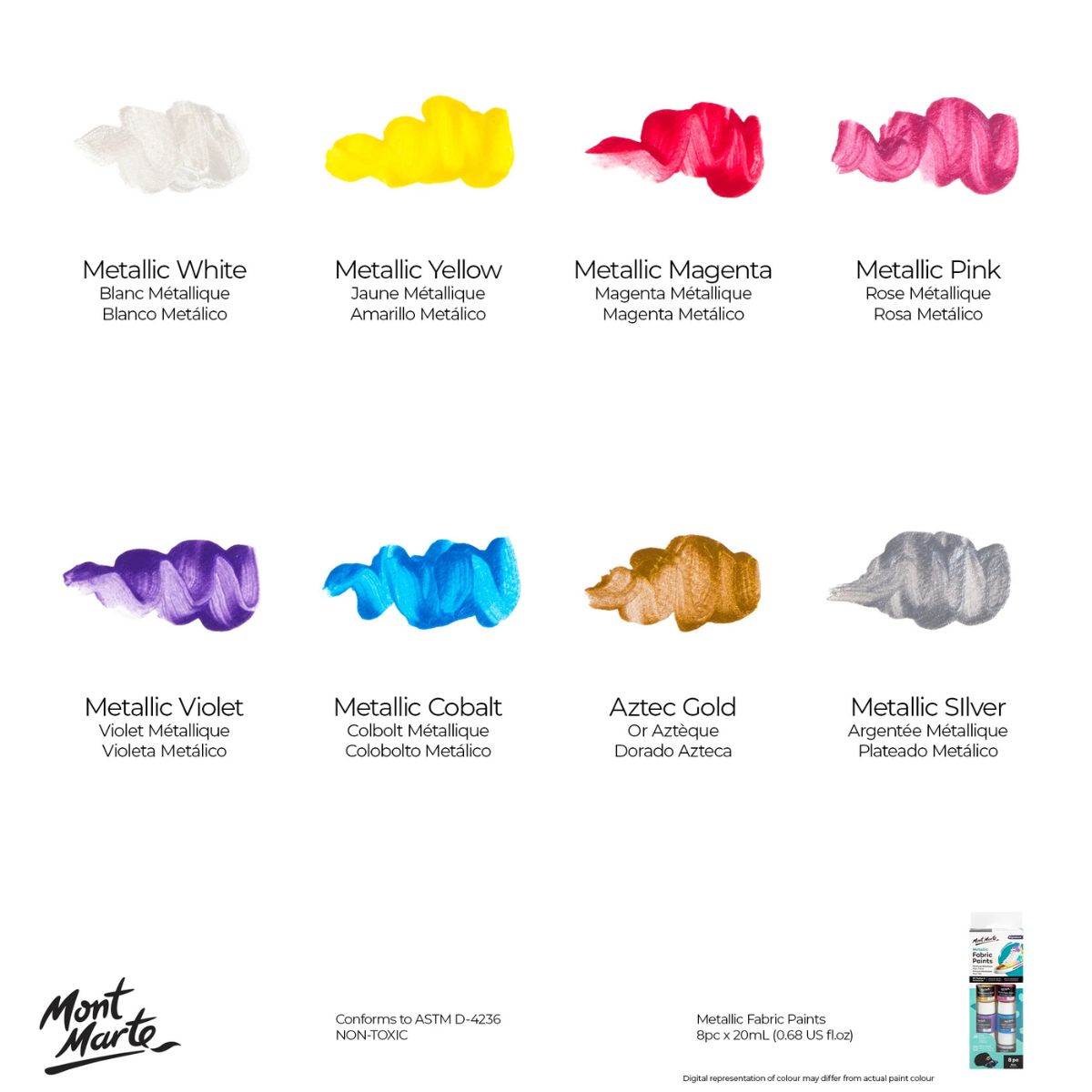MONT MARTE - Set 8 pinturas de tela metálicas Mont Marte x 20 ml