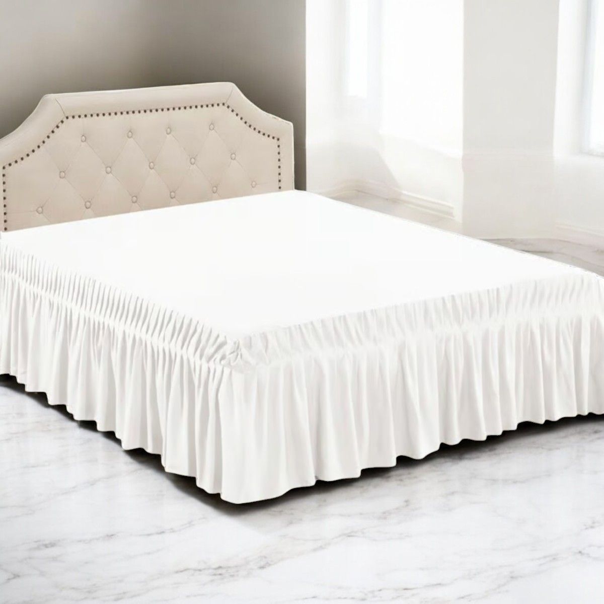 GENERICO - Faldón De 2 Plazas Para Cama Elasticados Unicolor Poliéster Blanco