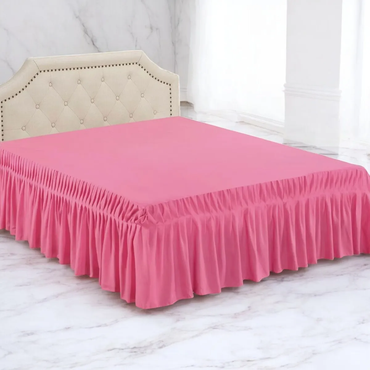 GENERICO - Faldón De 2 Plazas Para Cama Elasticados Unicolor Poliéster Rosa