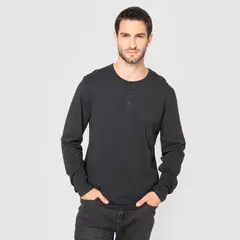 BUBBA - Polera Manga Larga Henley Negra Black
