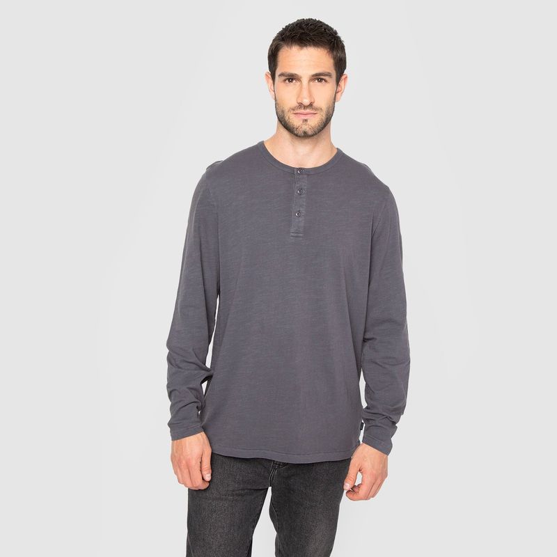 BUBBA - Polera Manga Larga Henley Gris Oscuro Black Bubba