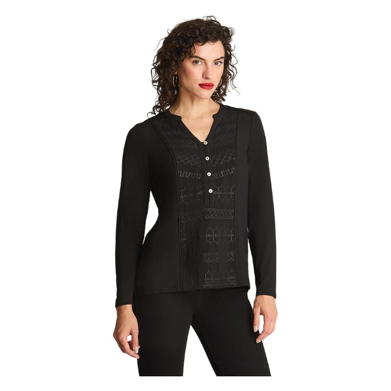 CURVI - Polera Manga Larga Mix Fabric Negro