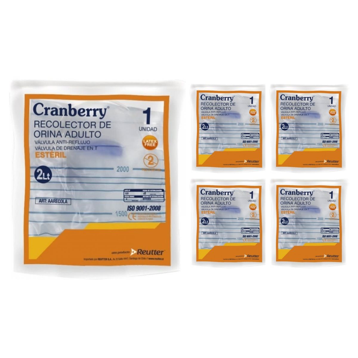 CRANBERRY - Recolector Orina Adulto Estéril 2 Lts - Pack 5 Un Cranberry