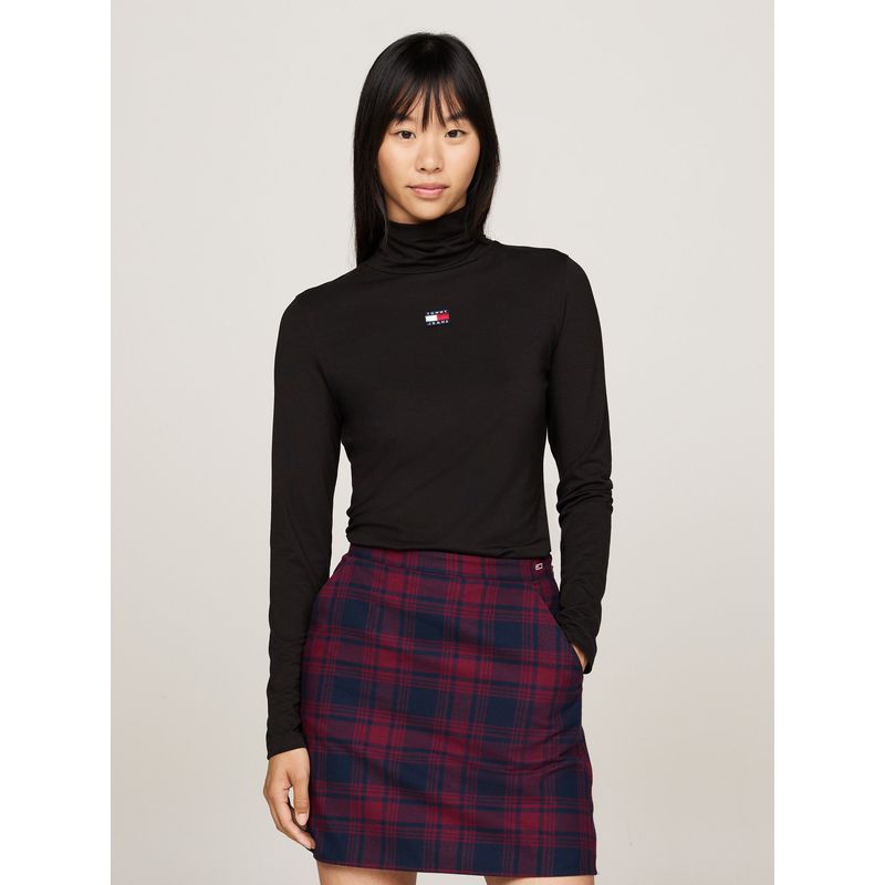 TOMMY HILFIGER - Polera Con Cuello Alto Y Logo Negro Tommy Hilfiger