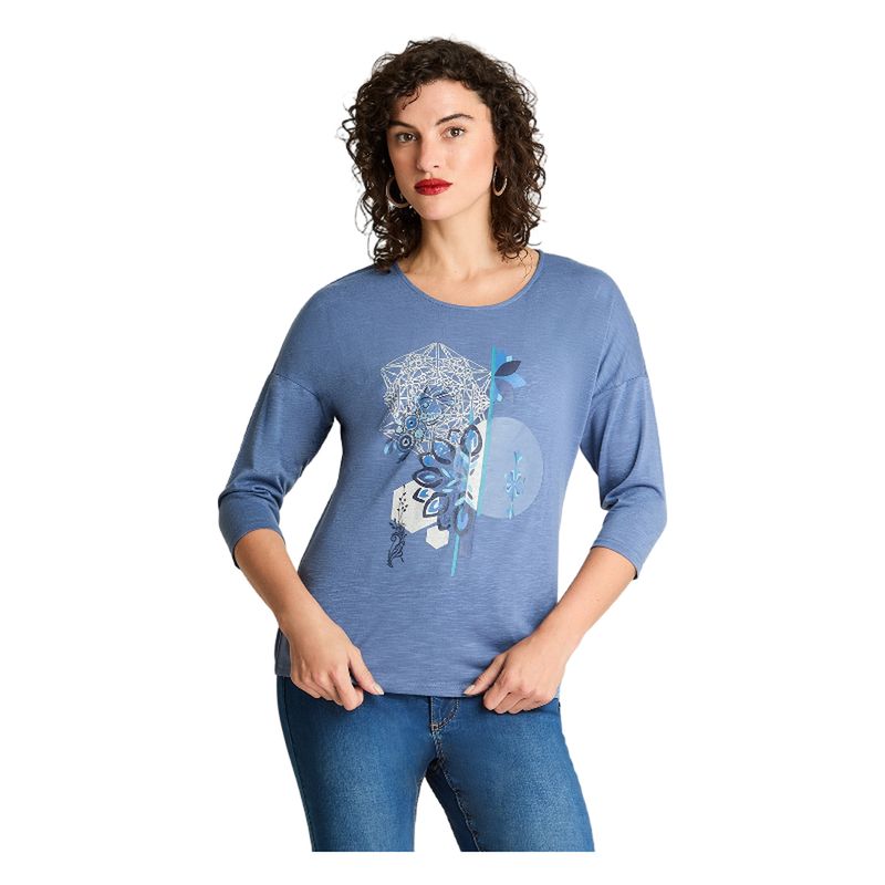 CURVI - Polera Poliviscosa Flame Print Frontal Indigo