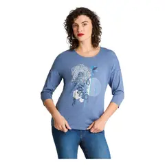 CURVI - Polera Poliviscosa Flame Print Frontal Indigo