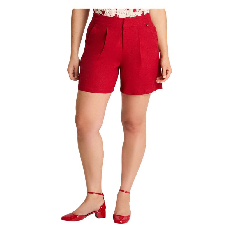 CURVI - Bermuda Tiro Medio Lino Con Pinzas y Bolsillos Rojo