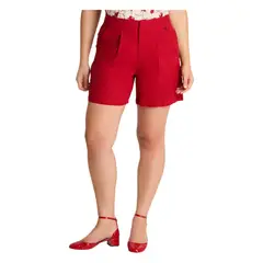 CURVI - Bermuda Tiro Medio Lino Con Pinzas y Bolsillos Rojo