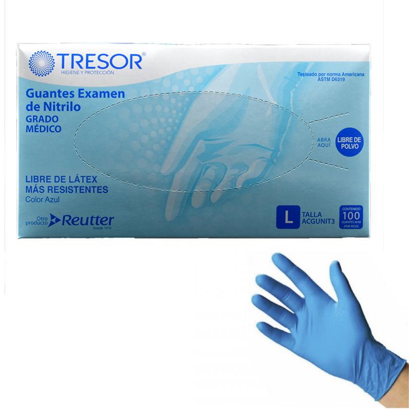 REUTTER - Guantes Descartables Nitrilo Celeste Tresor 100 Un - Talla L