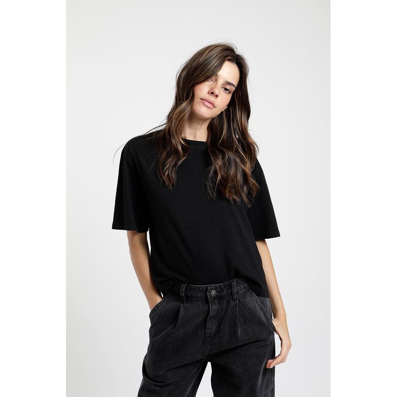 FROENS - Polera manga corta mujer lino negro Froens_.