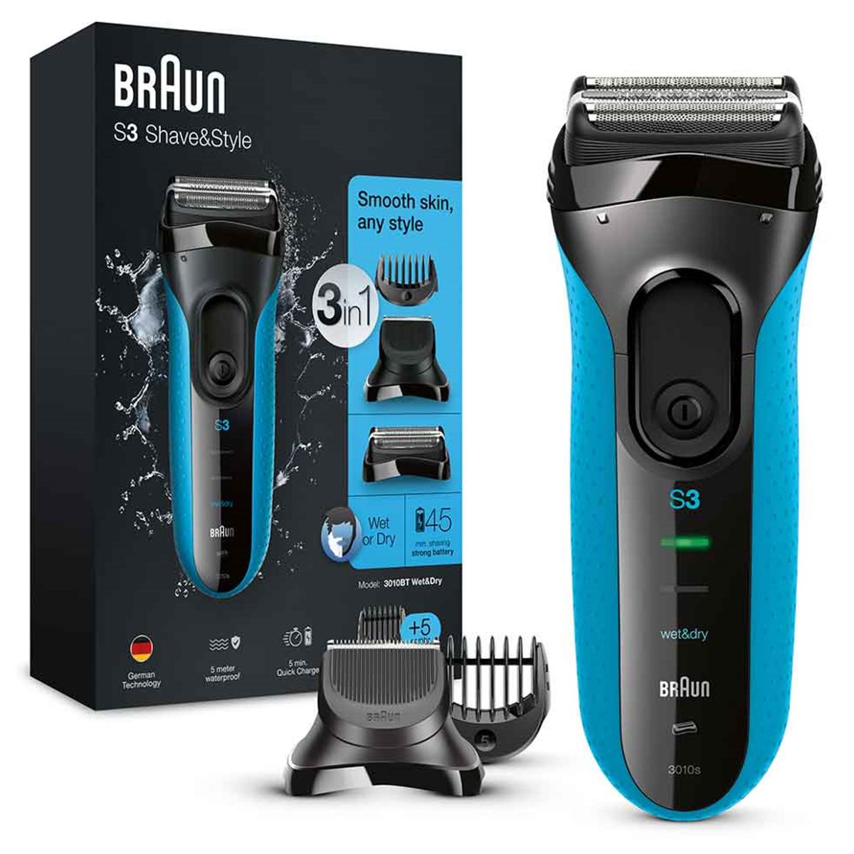BRAUN - Afeitadora Recortadora Recargable Braun Serie3 Blue Wet&Dry 3 En 1