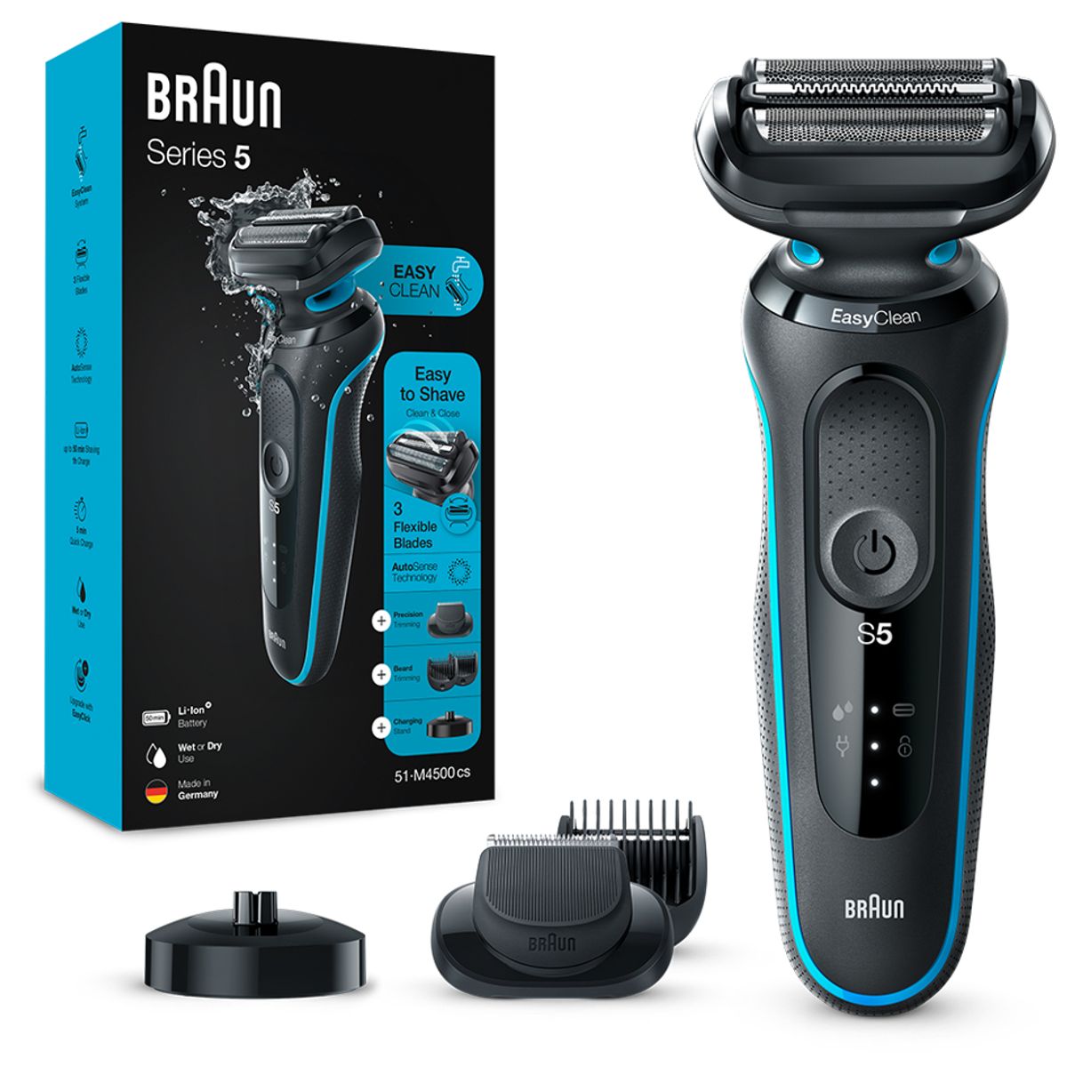 BRAUN - Afeitadora Eléctrica Braun S5 M4500 Wet&Dry Con 3 Accesorios Azul