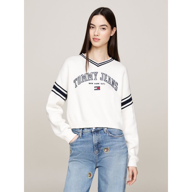 TOMMY HILFIGER - Sweater Cropped Varsity Logo Blanco Tommy Hilfiger