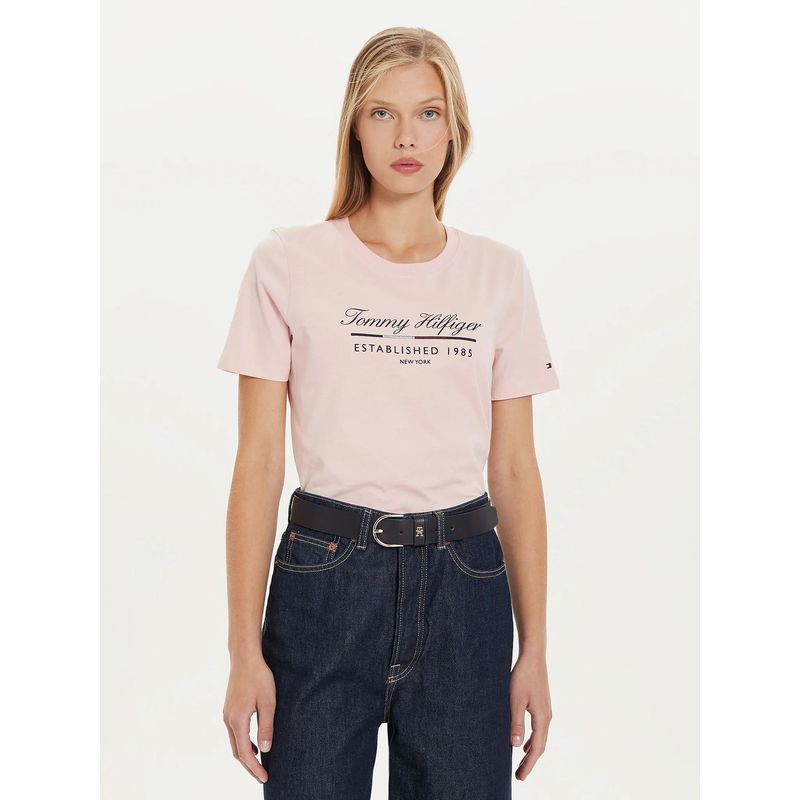 TOMMY HILFIGER - Polera Con Logo Gráfico Script Rosado Tommy Hilfiger