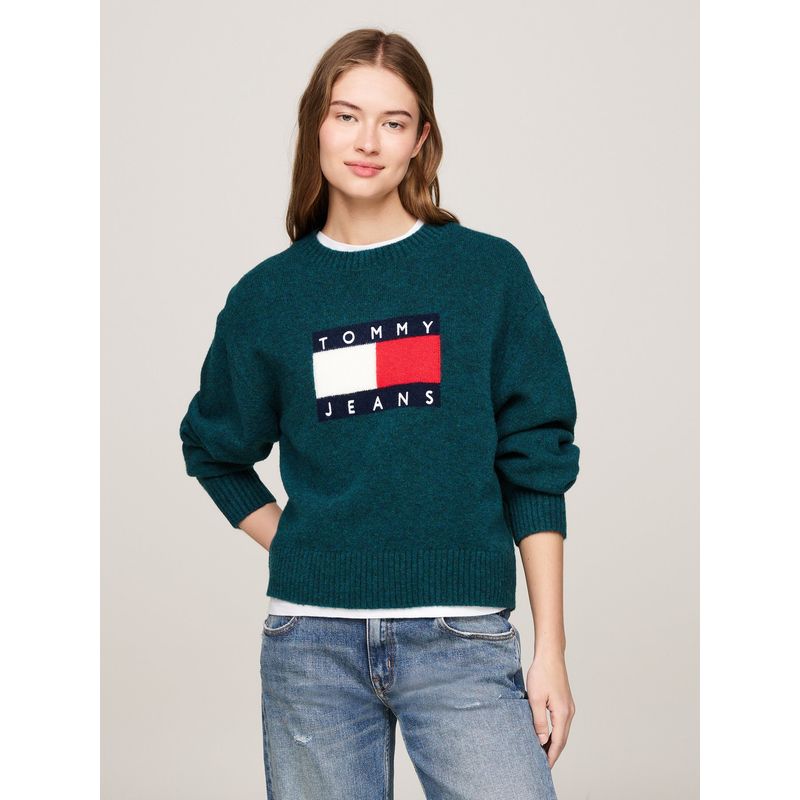 TOMMY HILFIGER - Sweater De Melánge Con Logo Flag Verde Tommy Hilfiger