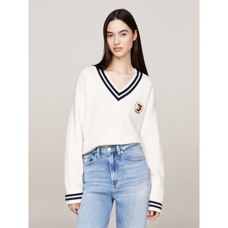 TOMMY HILFIGER - Sweater Preppy Crest Logo Blanco Tommy Hilfiger