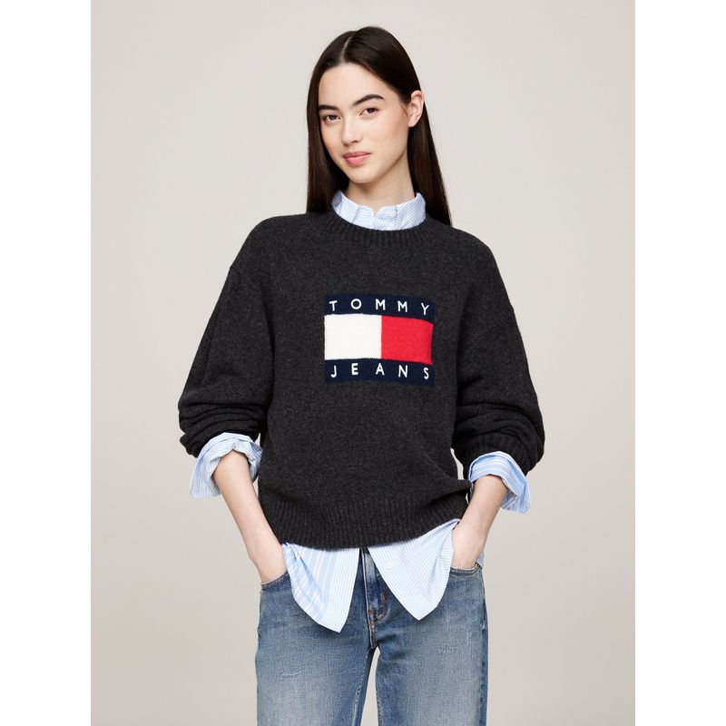 TOMMY HILFIGER - Sweater De Melánge Con Logo Flag Negro Tommy Hilfiger.