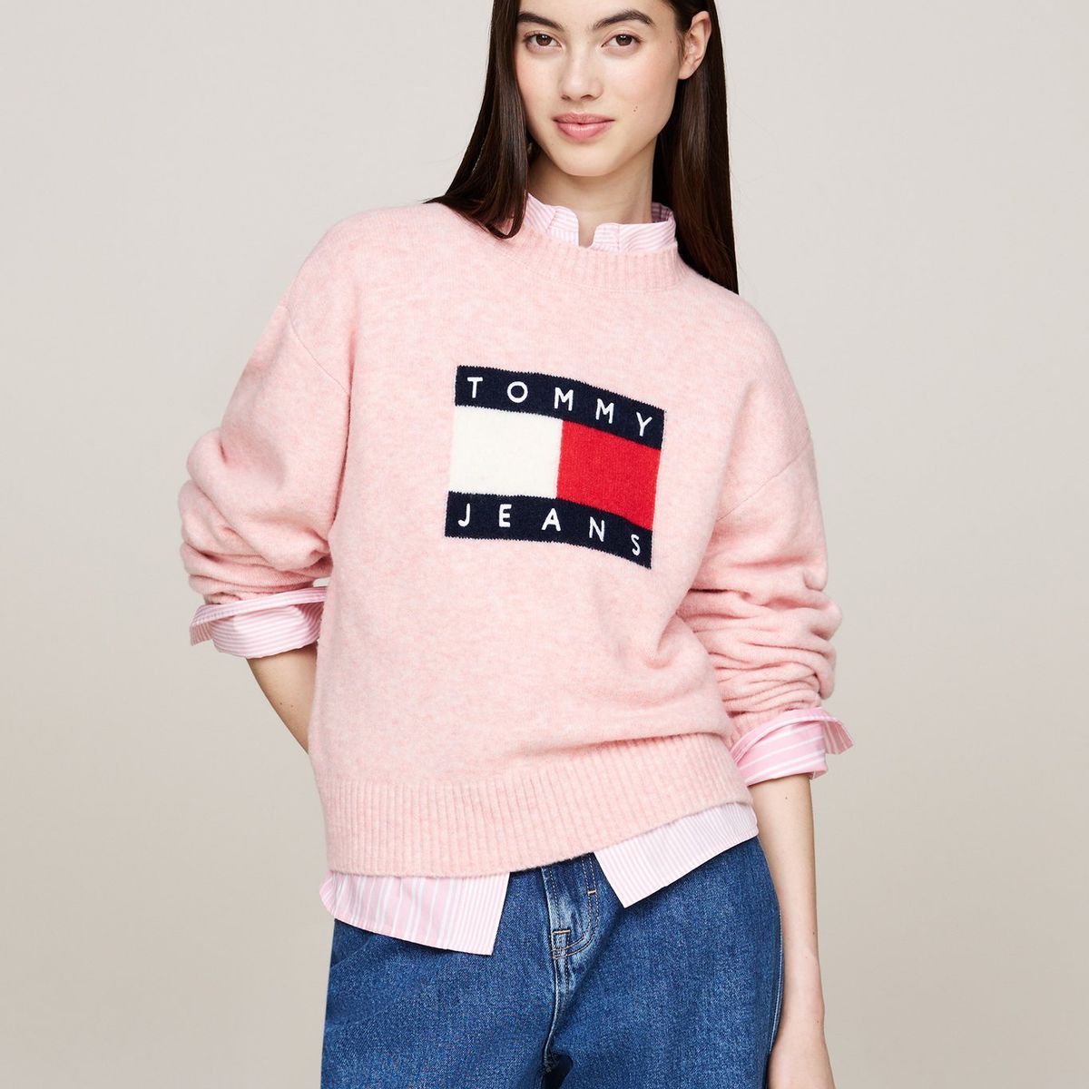 TOMMY HILFIGER - Sweater De Melánge Con Logo Flag Rosado Tommy Hilfiger