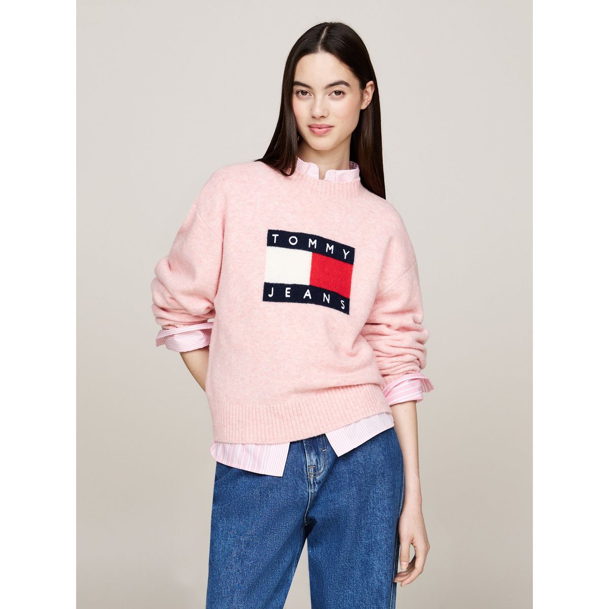 TOMMY HILFIGER - Sweater De Melánge Con Logo Flag Rosado Tommy Hilfiger