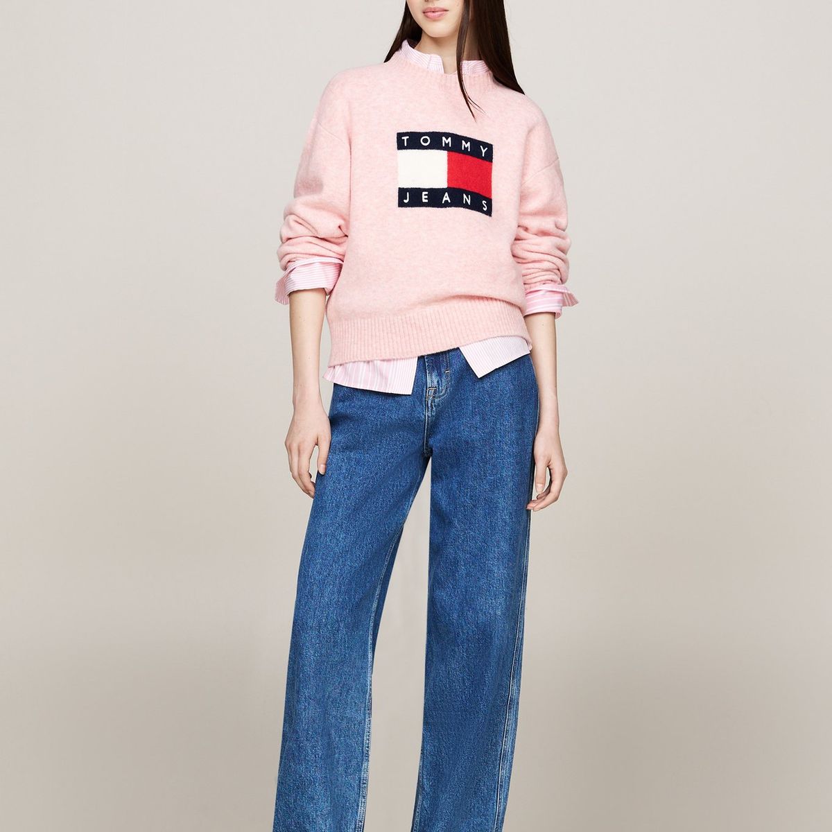 TOMMY HILFIGER - Sweater De Melánge Con Logo Flag Rosado Tommy Hilfiger